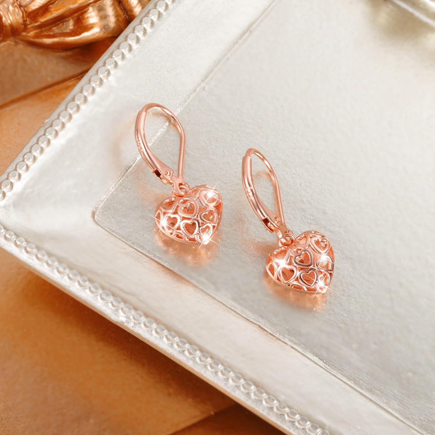 LANCHARMED 925 Sterling Silver 14K Gold French Style Leverback Earrings, Heart Dangle Drop Earrings for Women Hypoallergenic Jewelry(Heart Dangle Rose Gold)