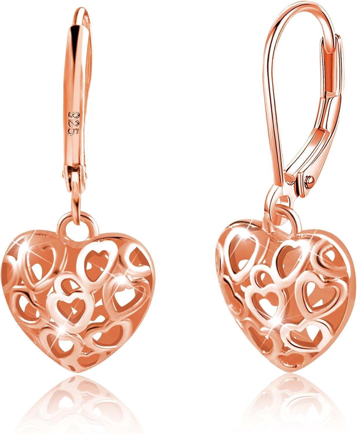 LANCHARMED 925 Sterling Silver 14K Gold French Style Leverback Earrings, Heart Dangle Drop Earrings for Women Hypoallergenic Jewelry(Heart Dangle Rose Gold)