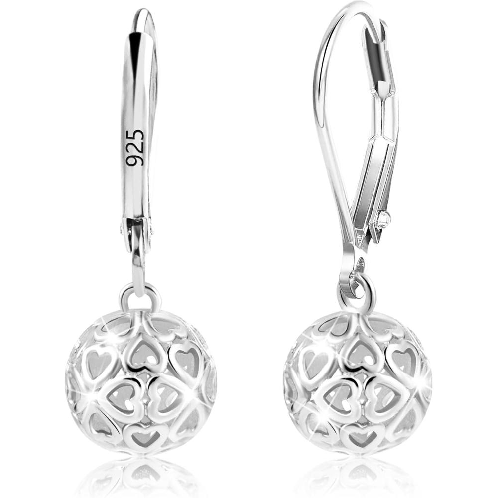 LANCHARMED 925 Sterling Silver 14K Gold French Style Leverback Earrings, Heart Dangle Drop Earrings for Women Hypoallergenic Jewelry(Ball Dangle Silver)
