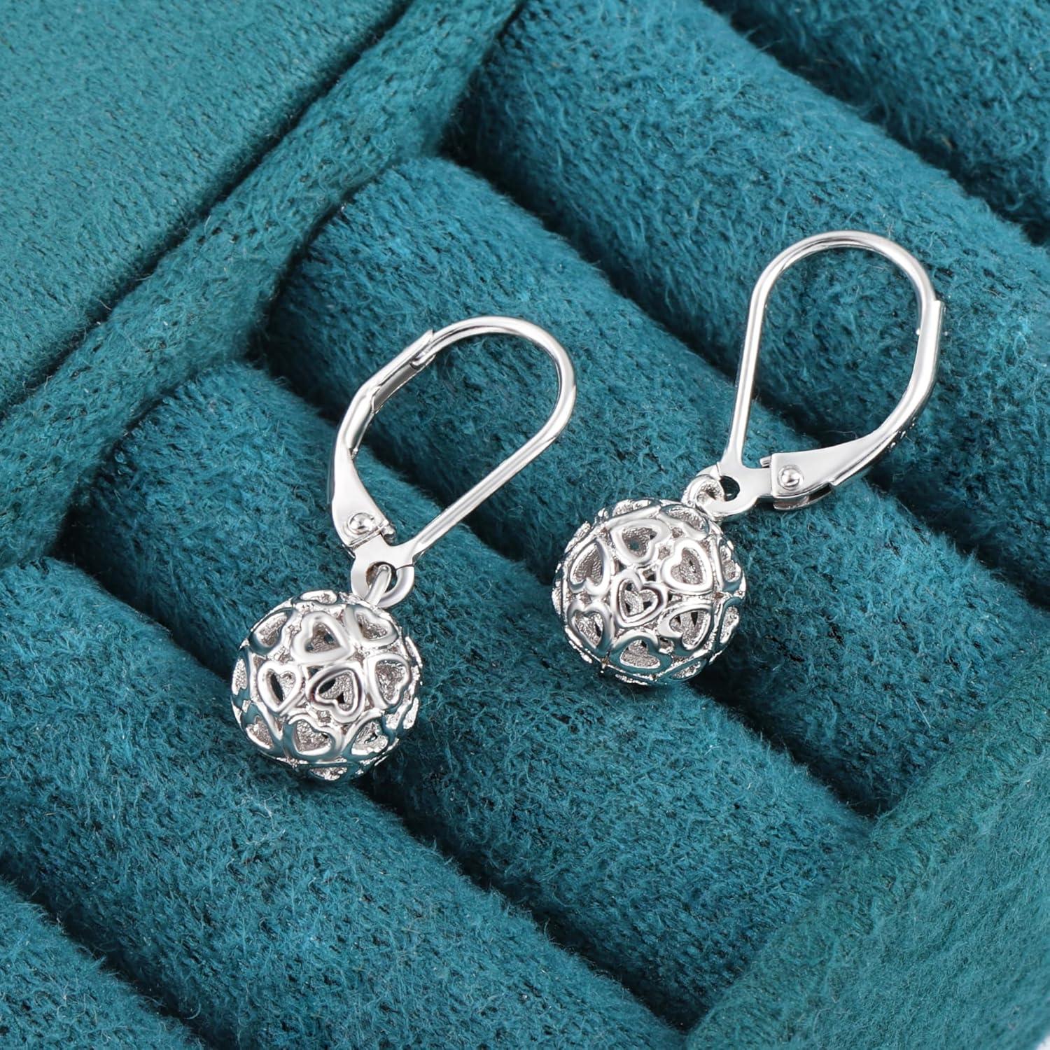 LANCHARMED 925 Sterling Silver 14K Gold French Style Leverback Earrings, Heart Dangle Drop Earrings for Women Hypoallergenic Jewelry(Ball Dangle Silver)