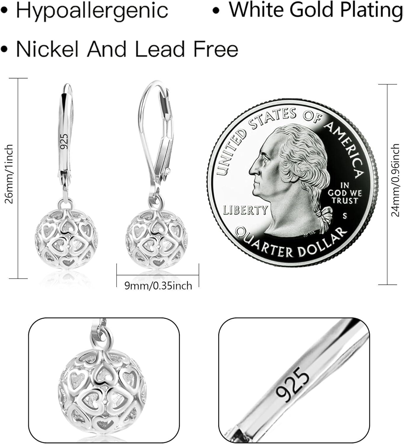 LANCHARMED 925 Sterling Silver 14K Gold French Style Leverback Earrings, Heart Dangle Drop Earrings for Women Hypoallergenic Jewelry(Ball Dangle Silver)