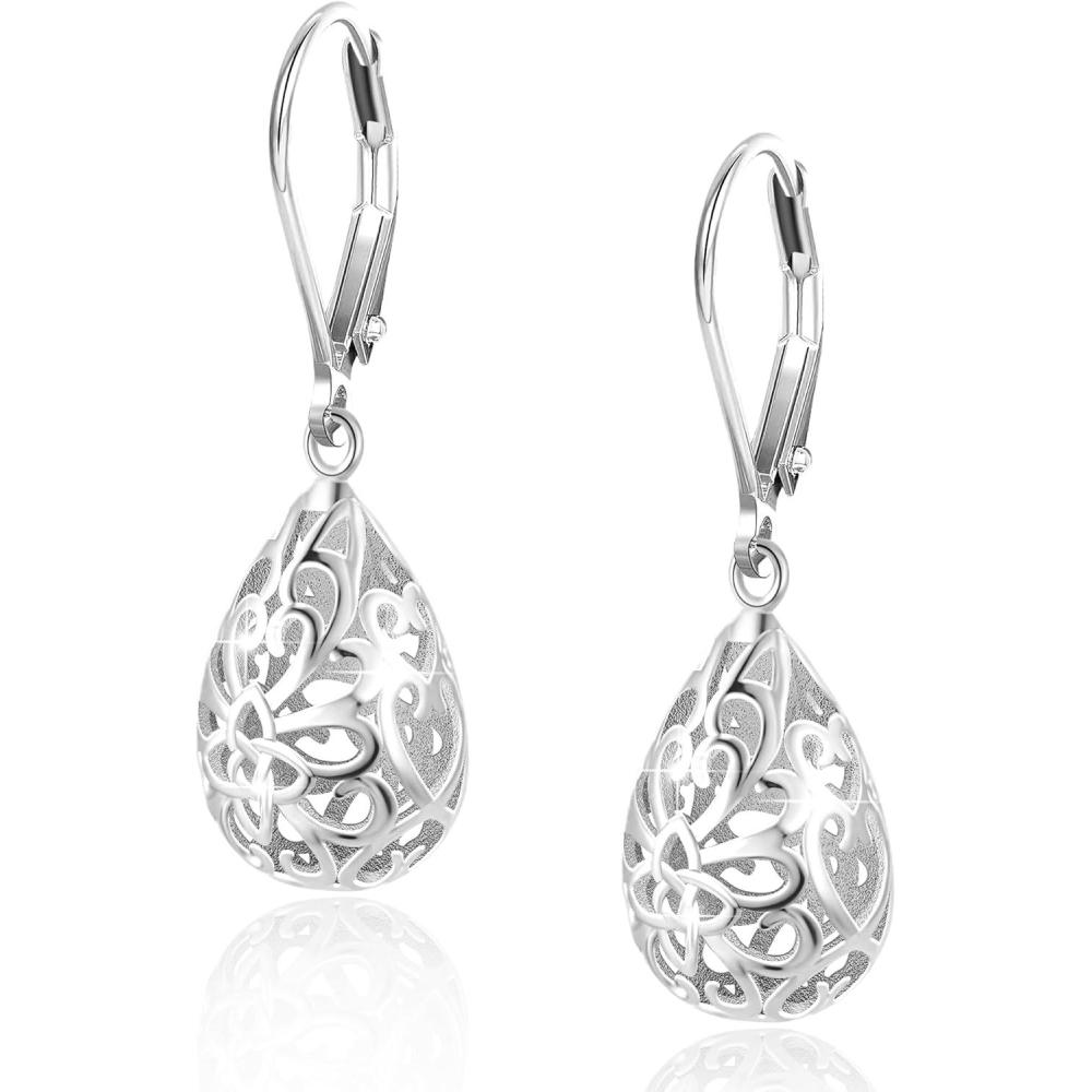 LANCHARMED 925 Sterling Silver 14K Gold French Style Leverback Earrings, Heart Dangle Drop Earrings for Women Hypoallergenic Jewelry(Teardrop Dangle Silver)