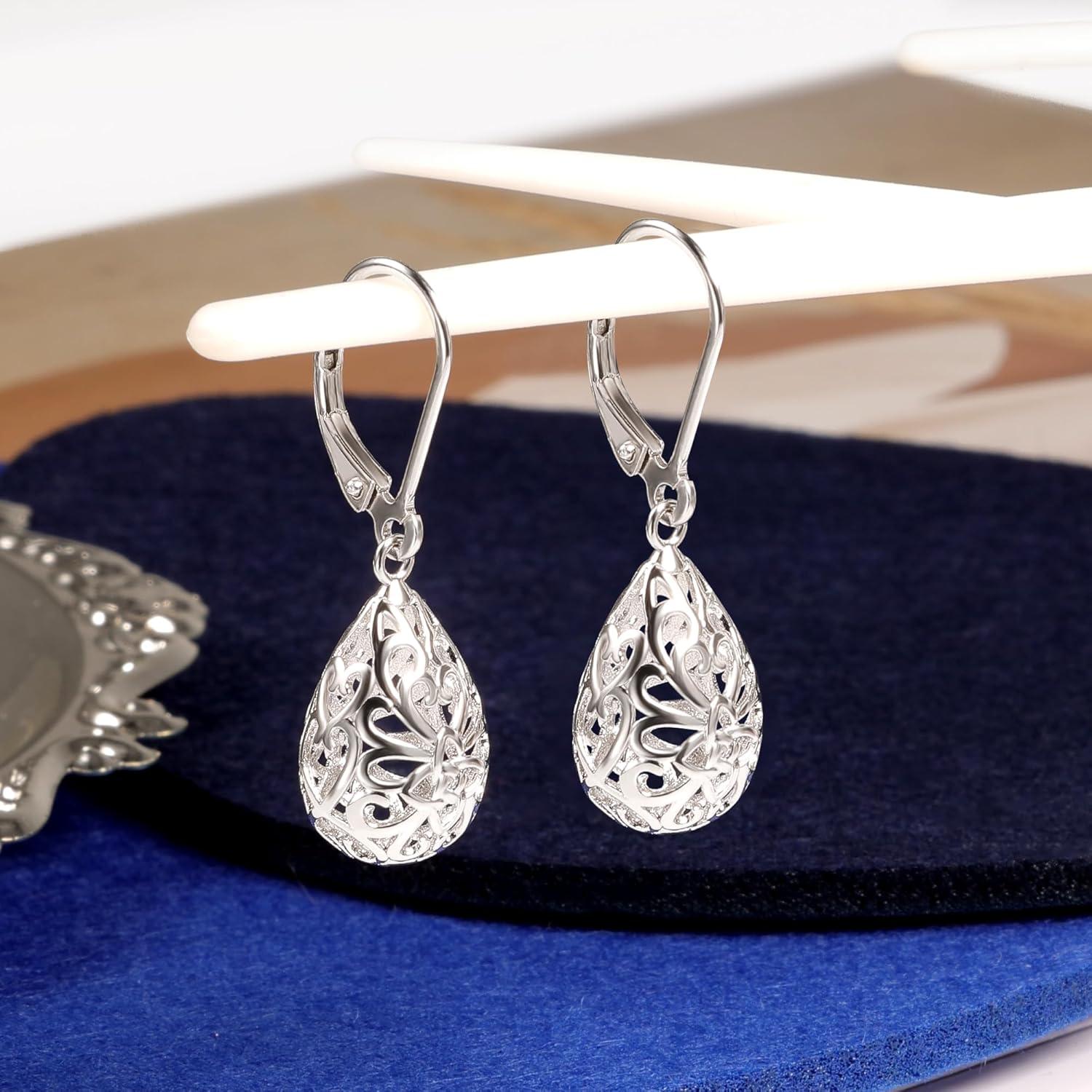 LANCHARMED 925 Sterling Silver 14K Gold French Style Leverback Earrings, Heart Dangle Drop Earrings for Women Hypoallergenic Jewelry(Teardrop Dangle Silver)