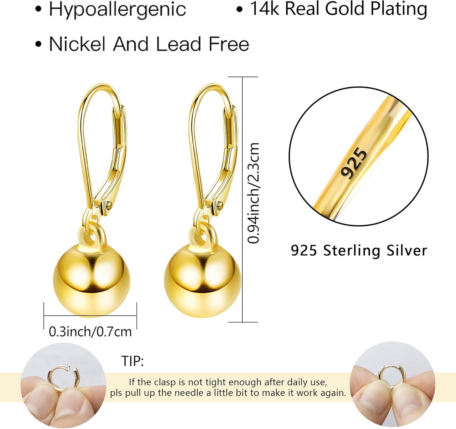 Lancharmed Drop Ball Earrings for Women 925 Sterling Silver Post Dangle EarringsHypoallergenic Earings for Jewelry Gifts(A-Gold)