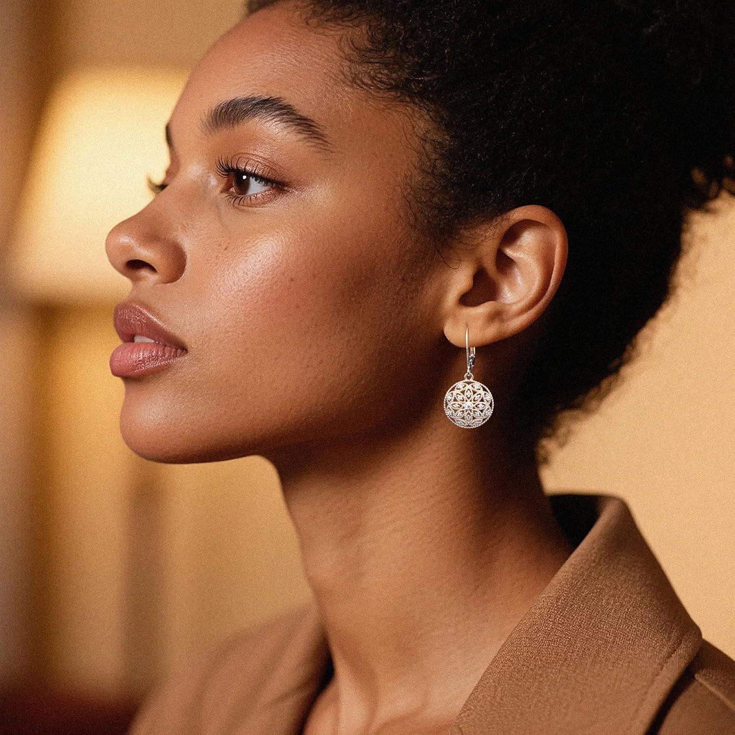 925 Sterling Silver Teardrop Dangle Earrings for Women Cubic Zirconia Leverback Filigree Drop Dangle Earrings Jewelry Hypoallergenic Silver Teardrop Filigree Earring for Gifts(B-Silver)