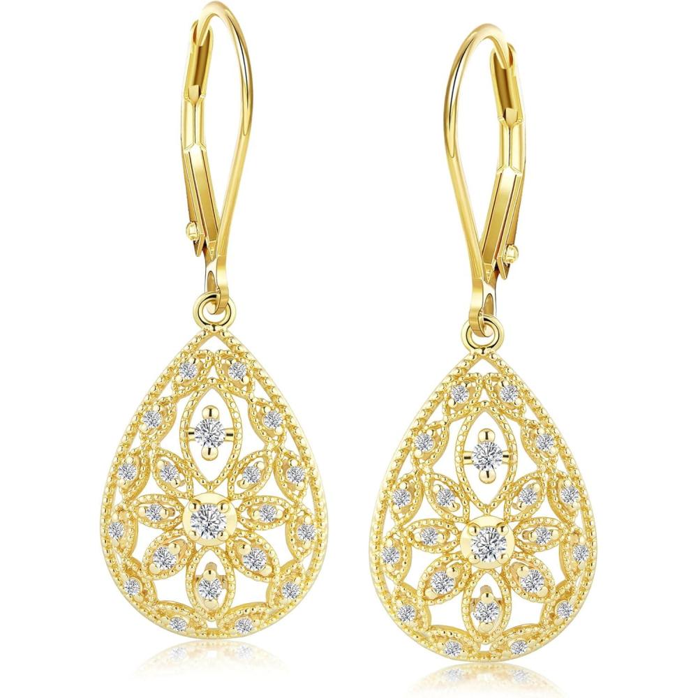 925 Sterling Silver Teardrop Dangle Earrings for Women Cubic Zirconia Leverback Filigree Drop Dangle Earrings Jewelry Hypoallergenic Silver Teardrop Filigree Earring for Gifts(A-14K Gold)