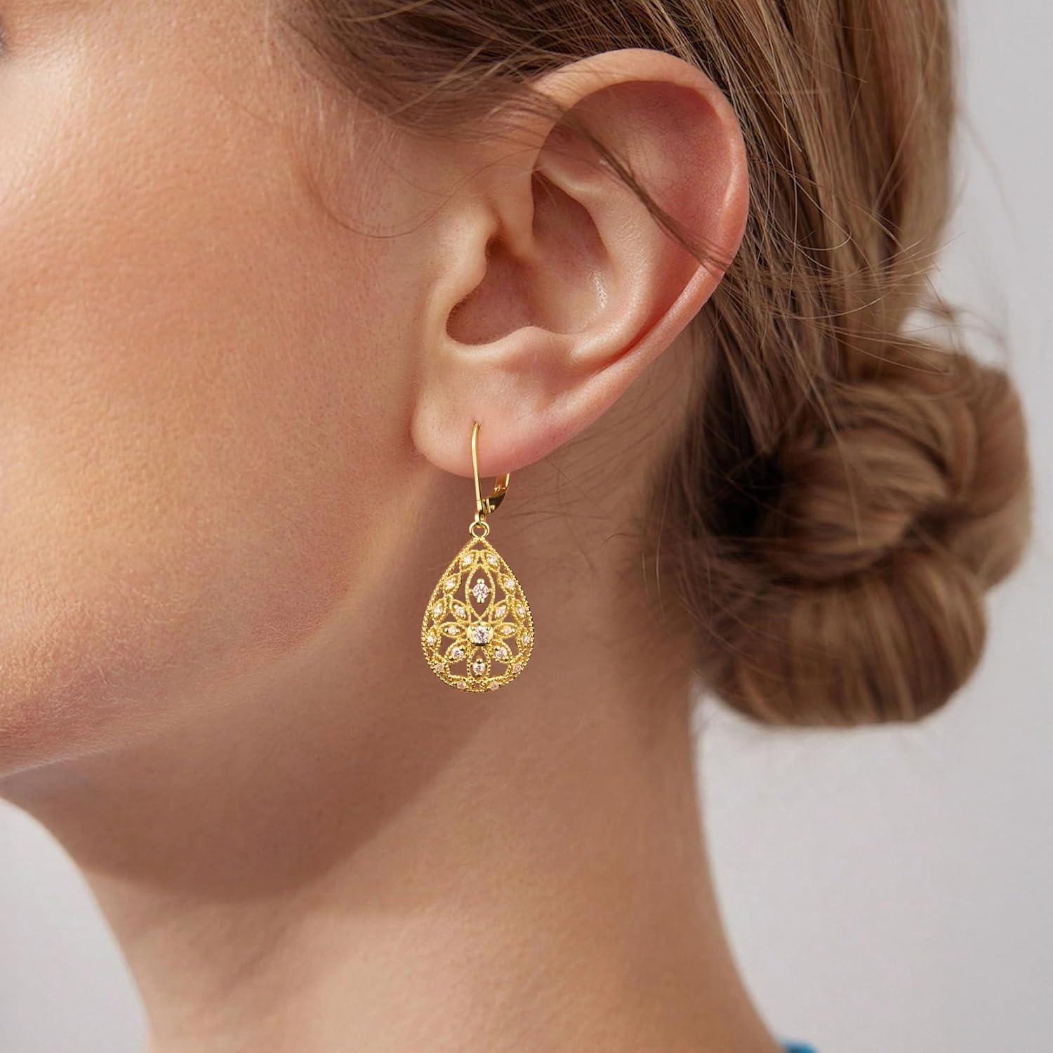 925 Sterling Silver Teardrop Dangle Earrings for Women Cubic Zirconia Leverback Filigree Drop Dangle Earrings Jewelry Hypoallergenic Silver Teardrop Filigree Earring for Gifts(A-14K Gold)