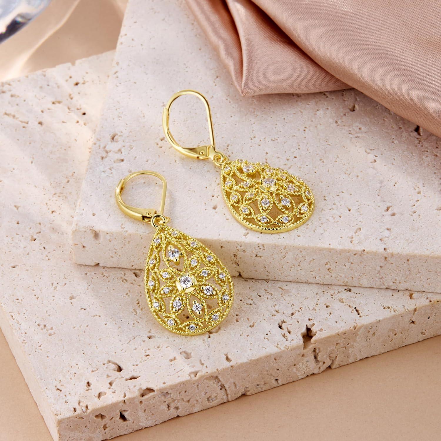 925 Sterling Silver Teardrop Dangle Earrings for Women Cubic Zirconia Leverback Filigree Drop Dangle Earrings Jewelry Hypoallergenic Silver Teardrop Filigree Earring for Gifts(A-14K Gold)