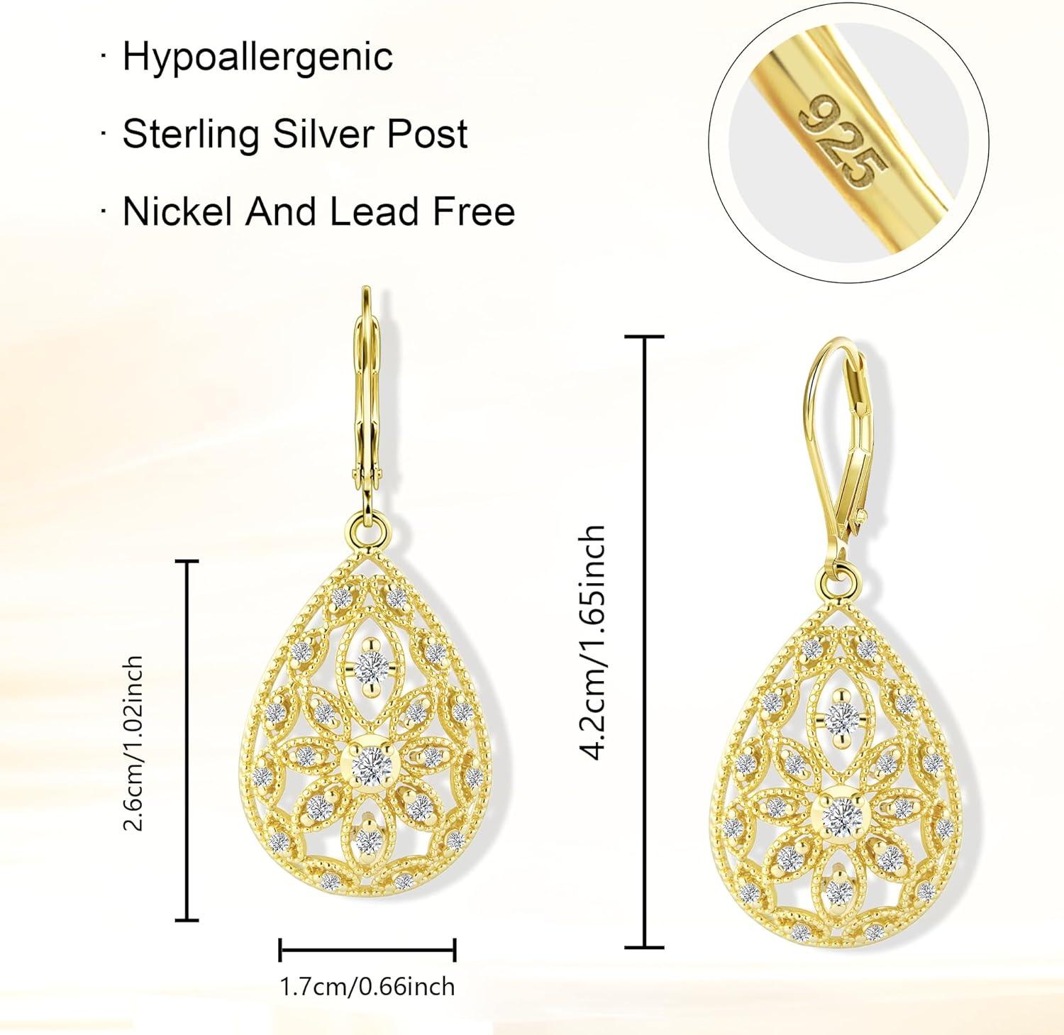 925 Sterling Silver Teardrop Dangle Earrings for Women Cubic Zirconia Leverback Filigree Drop Dangle Earrings Jewelry Hypoallergenic Silver Teardrop Filigree Earring for Gifts(A-14K Gold)