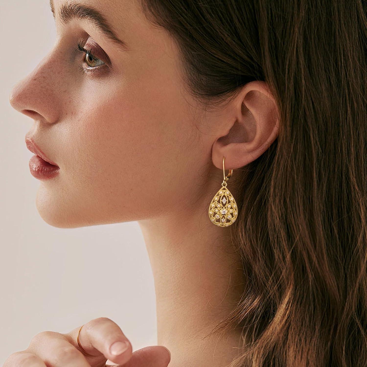 925 Sterling Silver Teardrop Dangle Earrings for Women Cubic Zirconia Leverback Filigree Drop Dangle Earrings Jewelry Hypoallergenic Silver Teardrop Filigree Earring for Gifts(A-14K Gold)