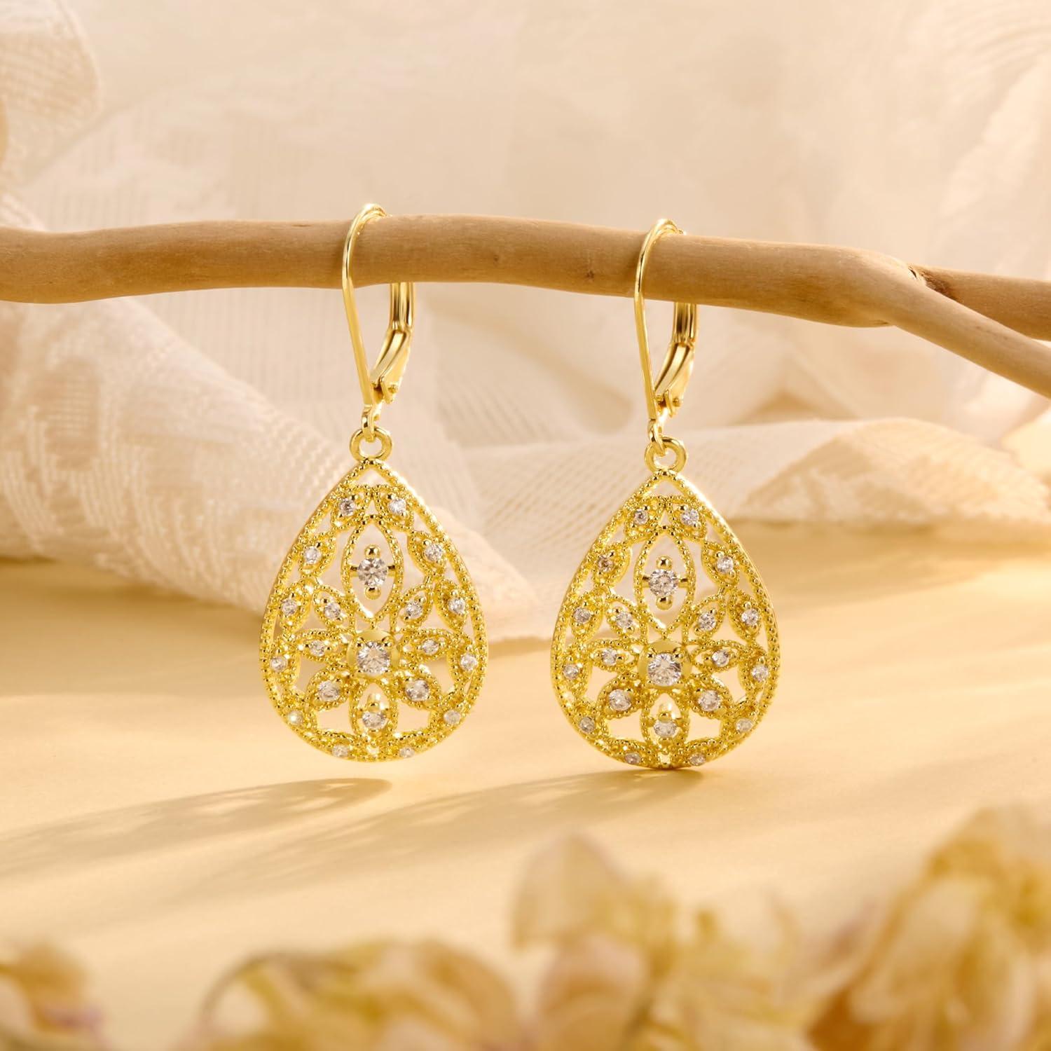 925 Sterling Silver Teardrop Dangle Earrings for Women Cubic Zirconia Leverback Filigree Drop Dangle Earrings Jewelry Hypoallergenic Silver Teardrop Filigree Earring for Gifts(A-14K Gold)