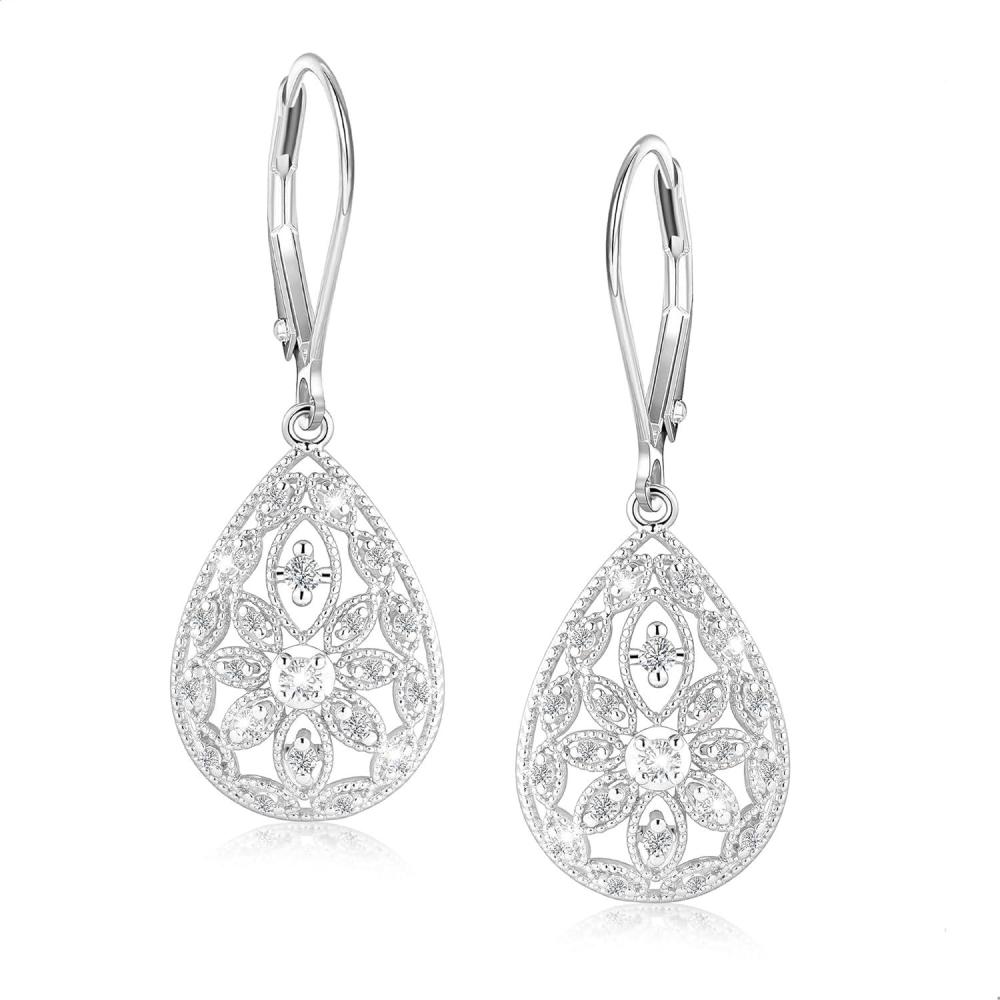 925 Sterling Silver Teardrop Dangle Earrings for Women Cubic Zirconia Leverback Filigree Drop Dangle Earrings Jewelry Hypoallergenic Silver Teardrop Filigree Earring for Gifts(A-Silver)