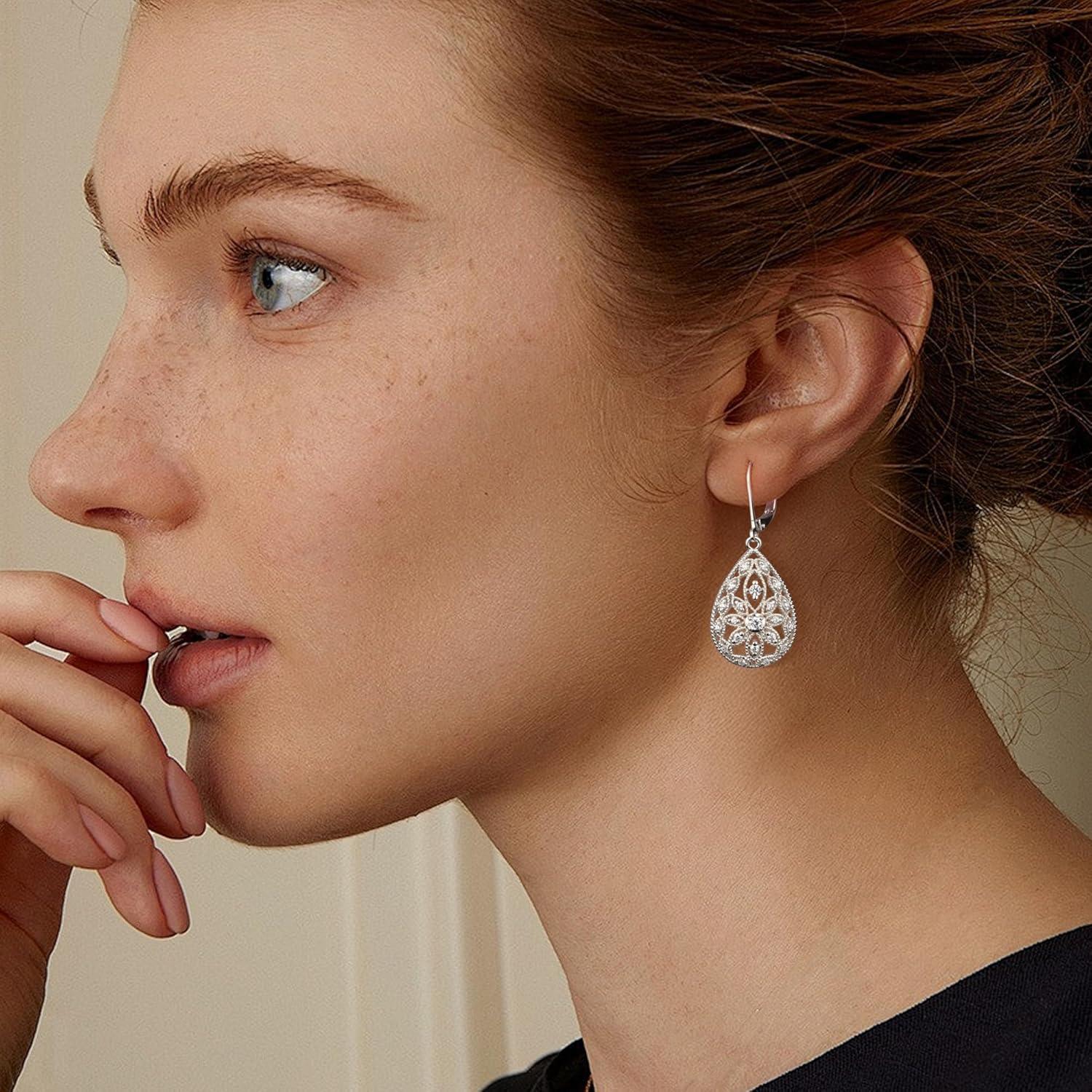 925 Sterling Silver Teardrop Dangle Earrings for Women Cubic Zirconia Leverback Filigree Drop Dangle Earrings Jewelry Hypoallergenic Silver Teardrop Filigree Earring for Gifts(A-Silver)