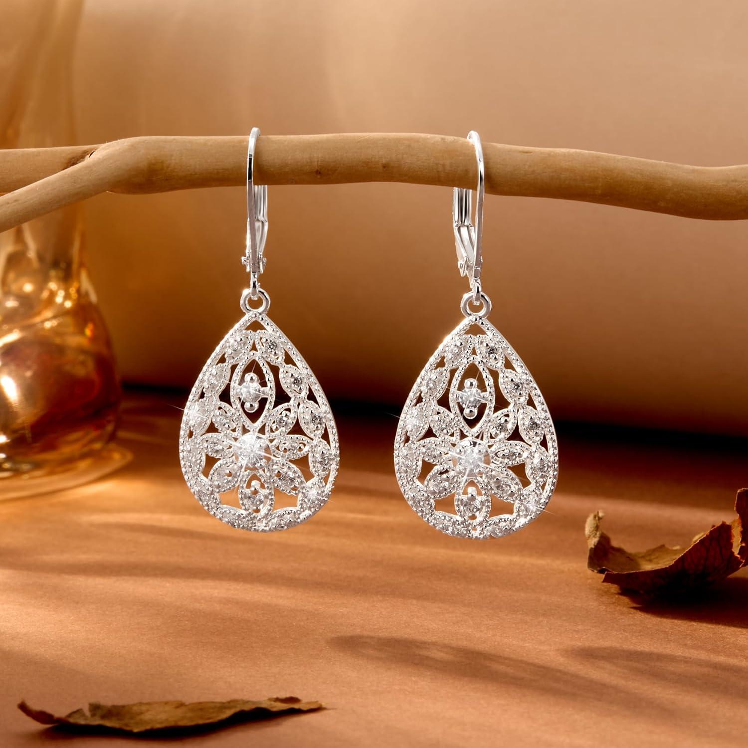 925 Sterling Silver Teardrop Dangle Earrings for Women Cubic Zirconia Leverback Filigree Drop Dangle Earrings Jewelry Hypoallergenic Silver Teardrop Filigree Earring for Gifts(A-Silver)