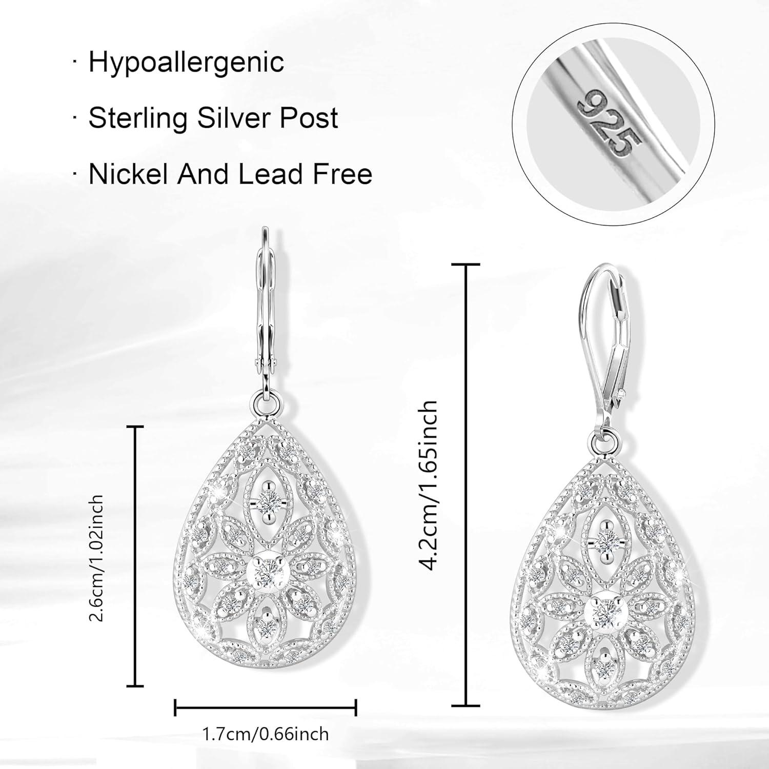 925 Sterling Silver Teardrop Dangle Earrings for Women Cubic Zirconia Leverback Filigree Drop Dangle Earrings Jewelry Hypoallergenic Silver Teardrop Filigree Earring for Gifts(A-Silver)
