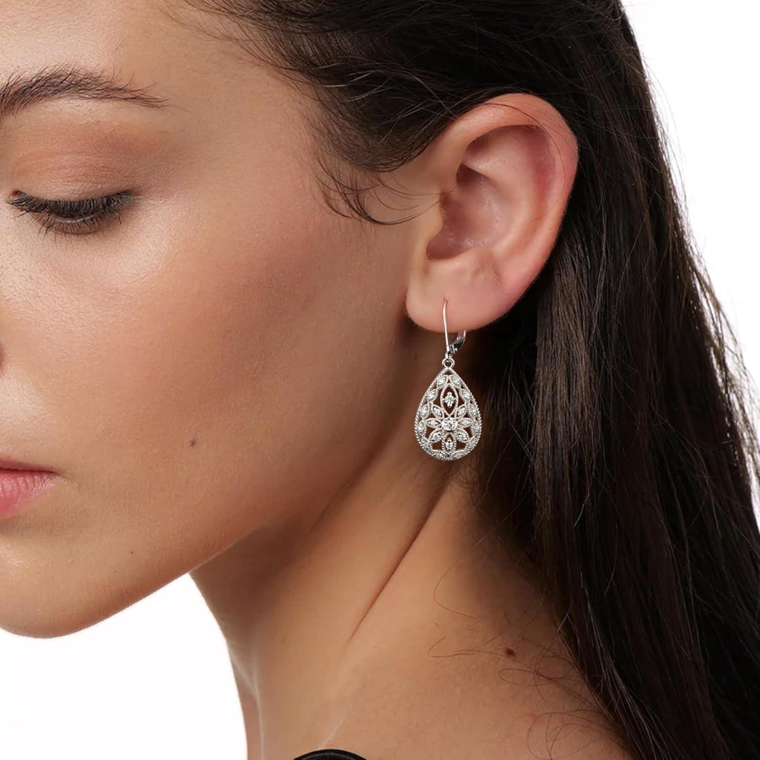 925 Sterling Silver Teardrop Dangle Earrings for Women Cubic Zirconia Leverback Filigree Drop Dangle Earrings Jewelry Hypoallergenic Silver Teardrop Filigree Earring for Gifts(A-Silver)