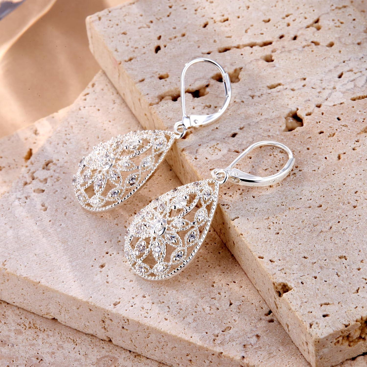925 Sterling Silver Teardrop Dangle Earrings for Women Cubic Zirconia Leverback Filigree Drop Dangle Earrings Jewelry Hypoallergenic Silver Teardrop Filigree Earring for Gifts(A-Silver)