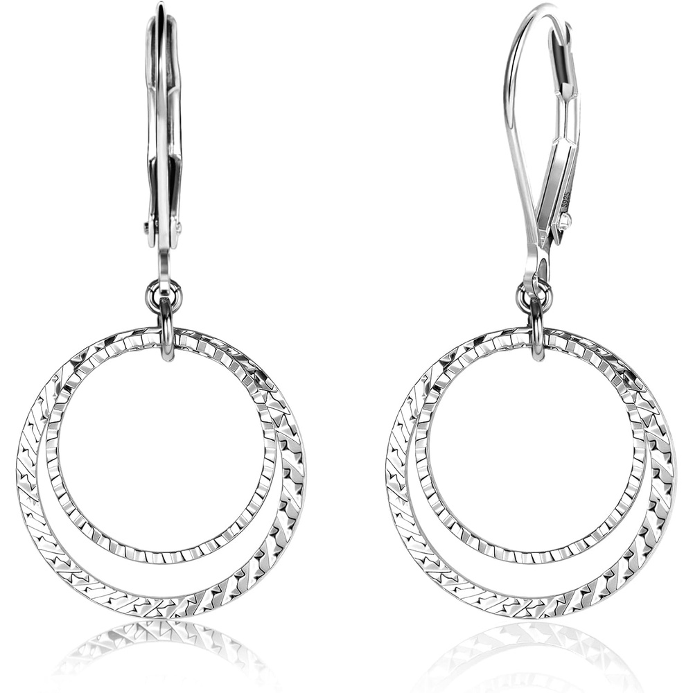 Silver Leverback Earrings for Women Double Circle Dangle Drop Earrings(A-Silver)