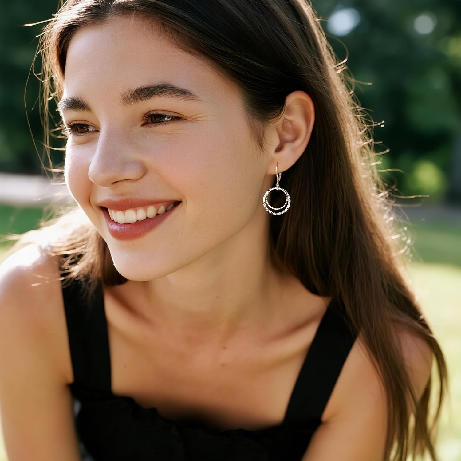Silver Leverback Earrings for Women Double Circle Dangle Drop Earrings(A-Silver)