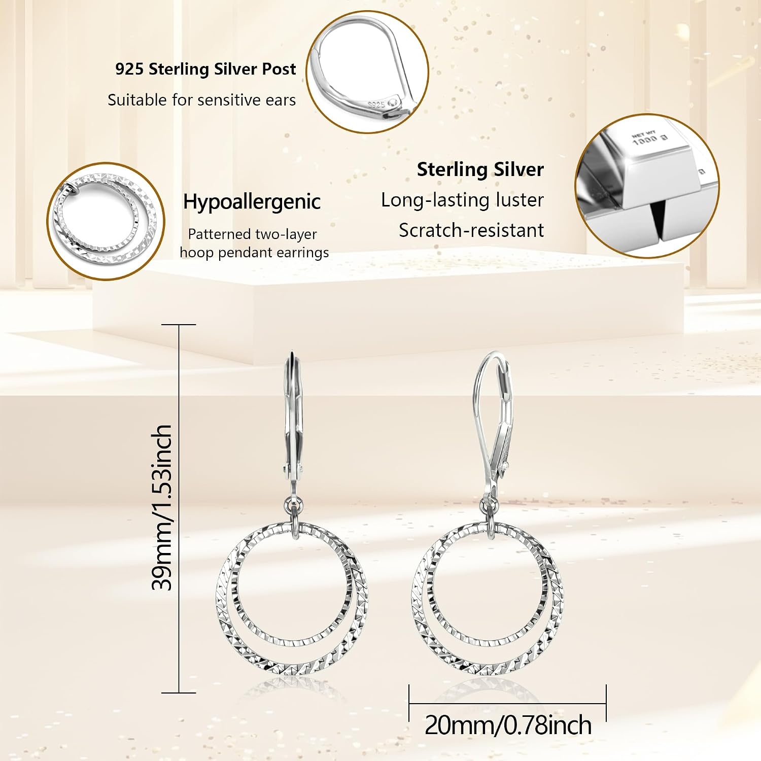 Silver Leverback Earrings for Women Double Circle Dangle Drop Earrings(A-Silver)