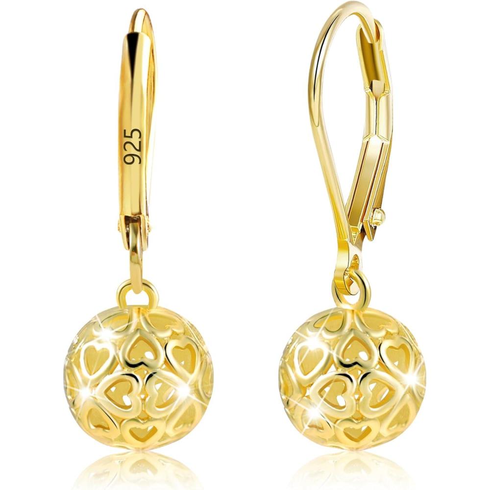 LANCHARMED 925 Sterling Silver 14K Gold French Style Leverback Earrings, Heart Dangle Drop Earrings for Women Hypoallergenic Jewelry(Ball Dangle Gold)
