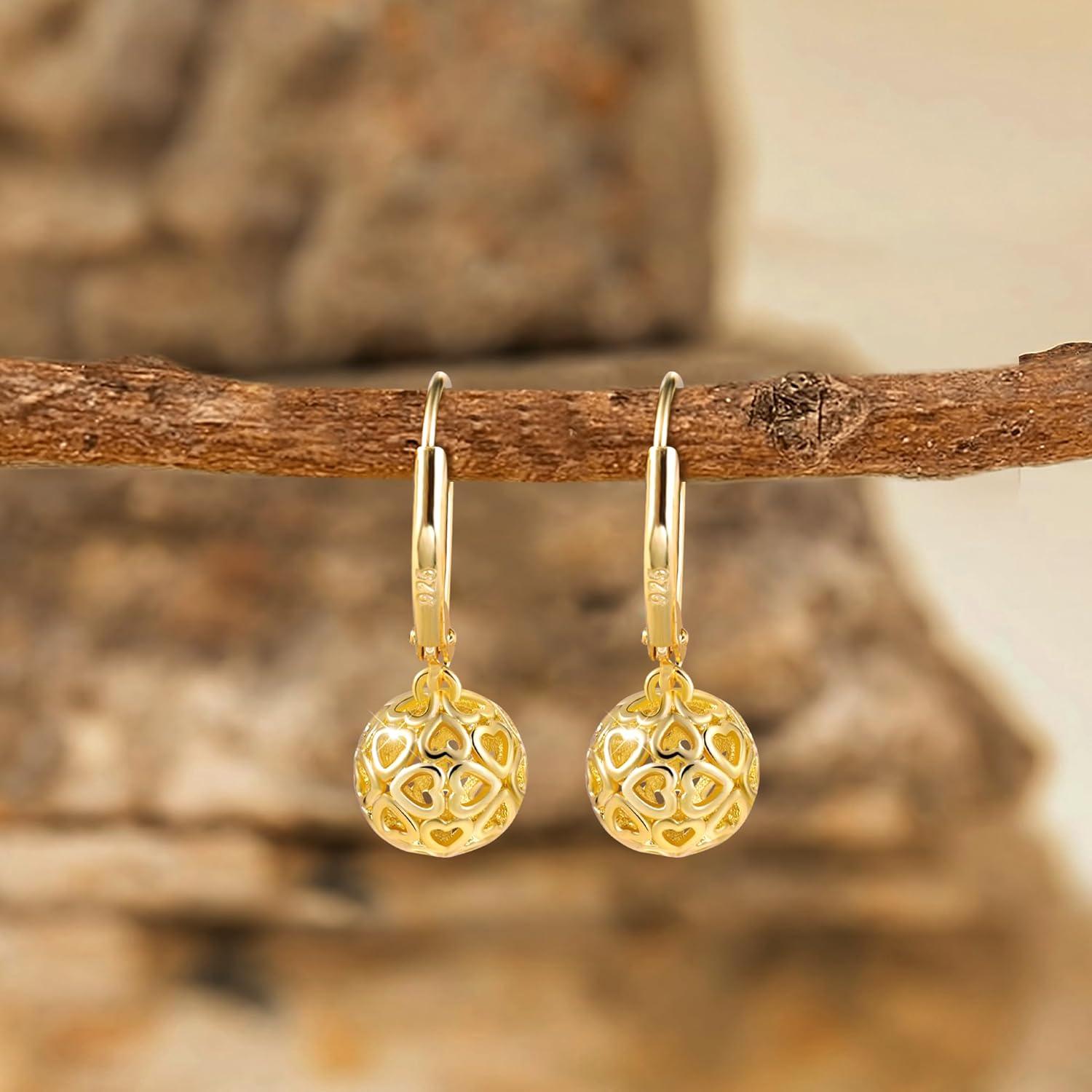 LANCHARMED 925 Sterling Silver 14K Gold French Style Leverback Earrings, Heart Dangle Drop Earrings for Women Hypoallergenic Jewelry(Ball Dangle Gold)