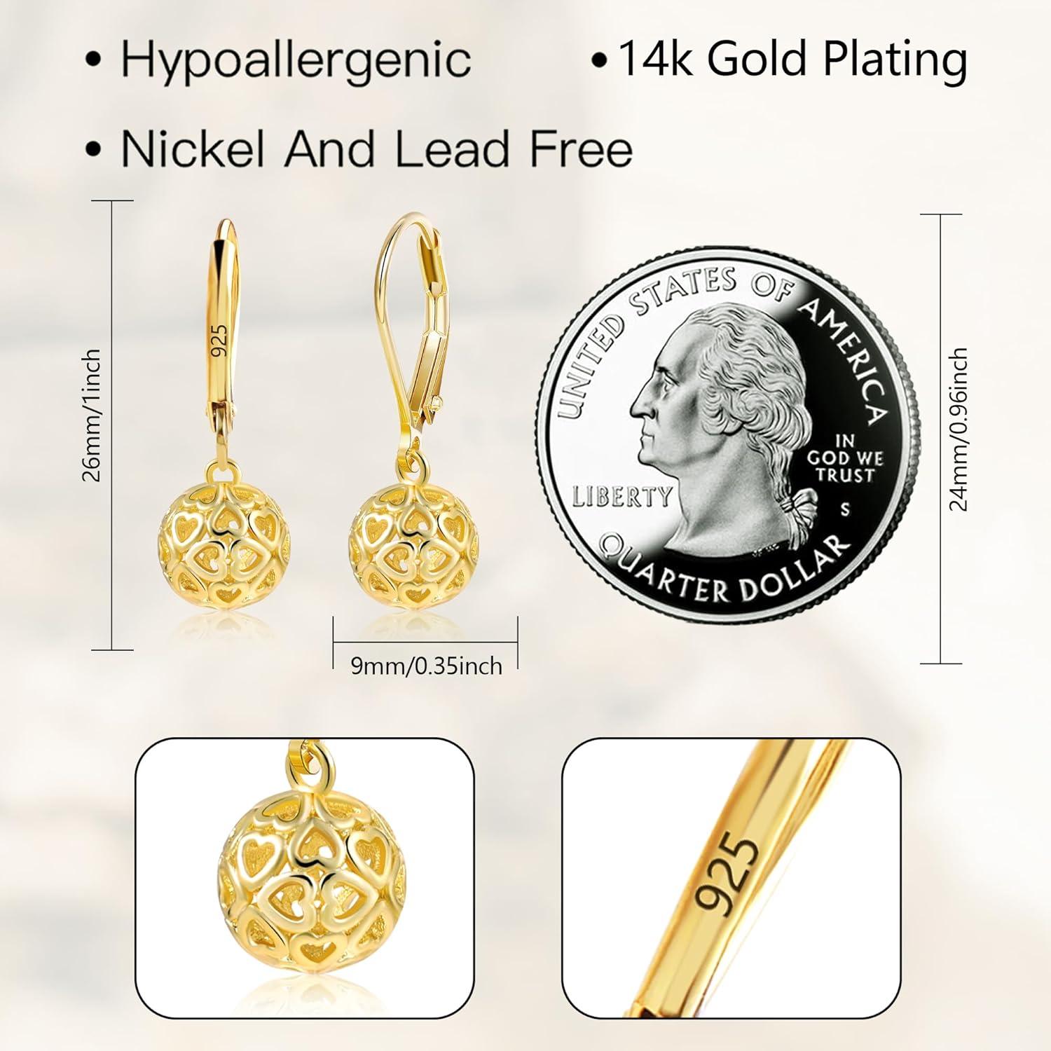 LANCHARMED 925 Sterling Silver 14K Gold French Style Leverback Earrings, Heart Dangle Drop Earrings for Women Hypoallergenic Jewelry(Ball Dangle Gold)