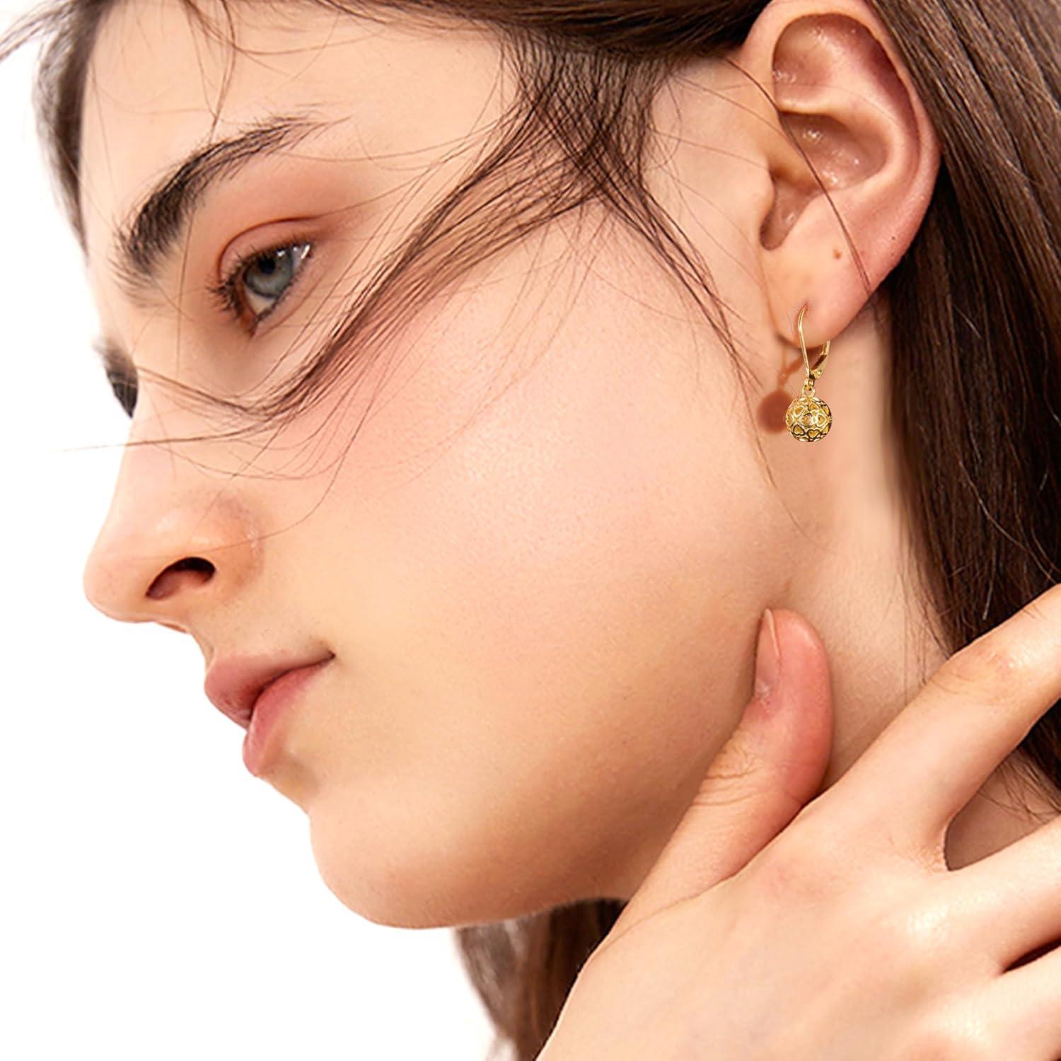 LANCHARMED 925 Sterling Silver 14K Gold French Style Leverback Earrings, Heart Dangle Drop Earrings for Women Hypoallergenic Jewelry(Ball Dangle Gold)