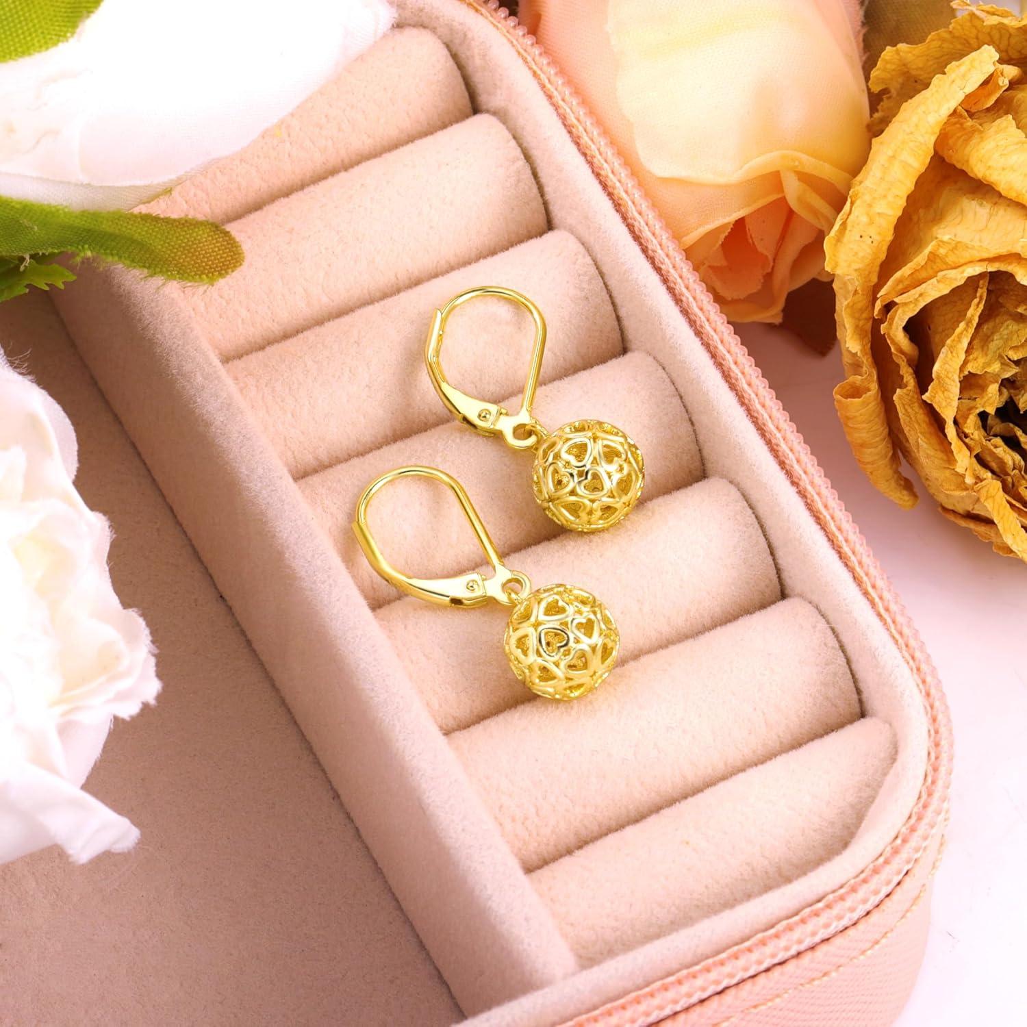 LANCHARMED 925 Sterling Silver 14K Gold French Style Leverback Earrings, Heart Dangle Drop Earrings for Women Hypoallergenic Jewelry(Ball Dangle Gold)