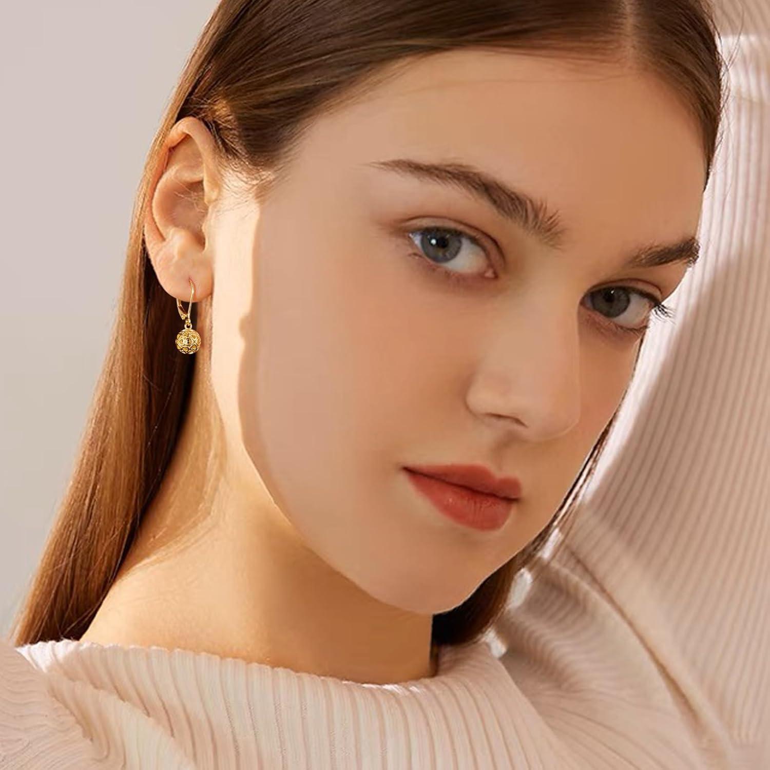 LANCHARMED 925 Sterling Silver 14K Gold French Style Leverback Earrings, Heart Dangle Drop Earrings for Women Hypoallergenic Jewelry(Ball Dangle Gold)