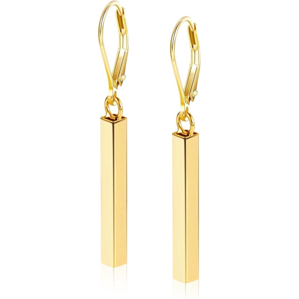 LANCHARMED 925 Sterling Silver Bar Dangle Drop Earrings for Women, 14K Gold French Style Leverback Dangle Drop Earrings, Hypoallergenic Jewelry(14K Gold)