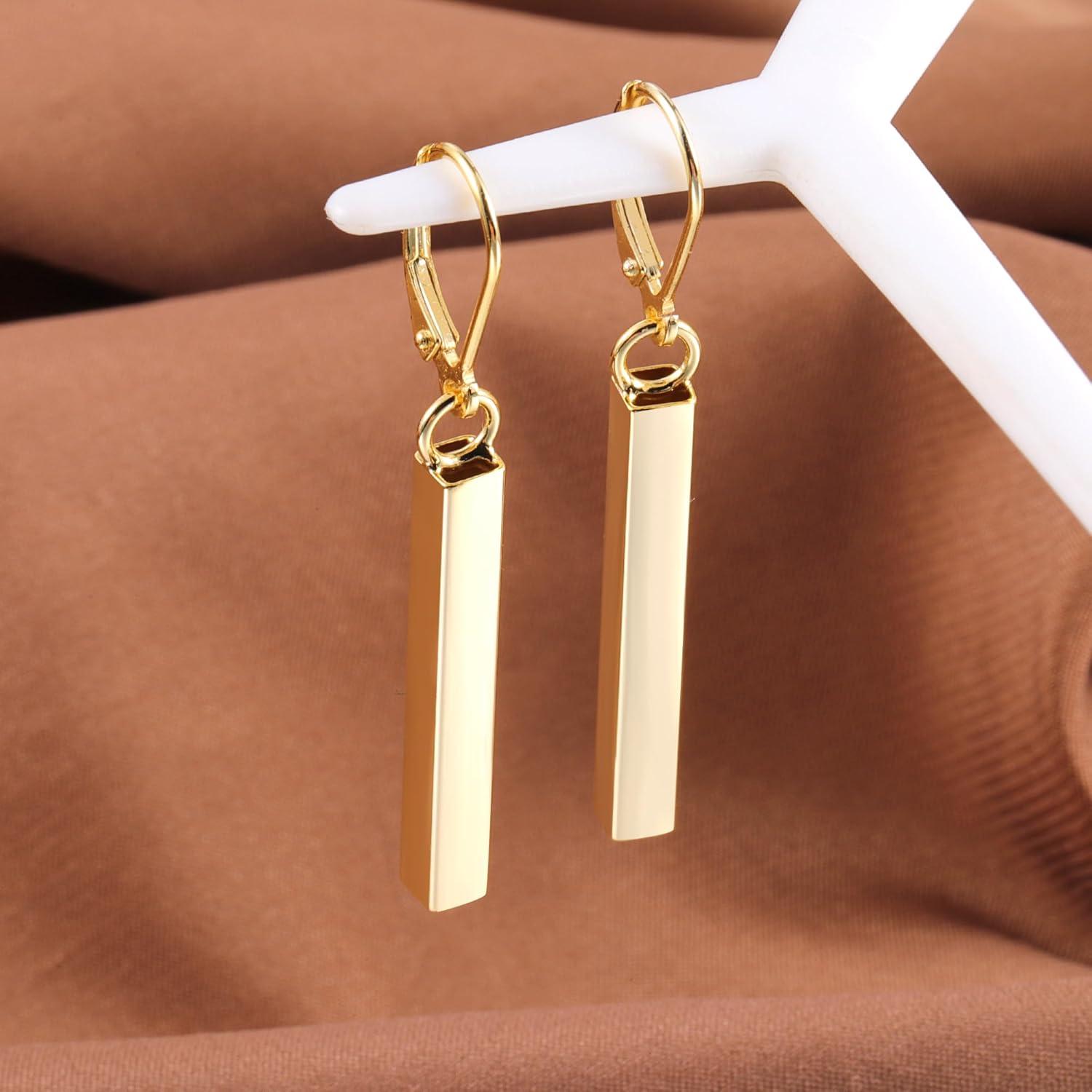 LANCHARMED 925 Sterling Silver Bar Dangle Drop Earrings for Women, 14K Gold French Style Leverback Dangle Drop Earrings, Hypoallergenic Jewelry(14K Gold)