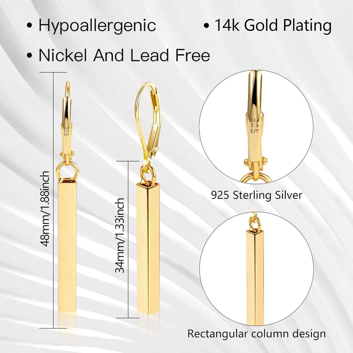 LANCHARMED 925 Sterling Silver Bar Dangle Drop Earrings for Women, 14K Gold French Style Leverback Dangle Drop Earrings, Hypoallergenic Jewelry(14K Gold)