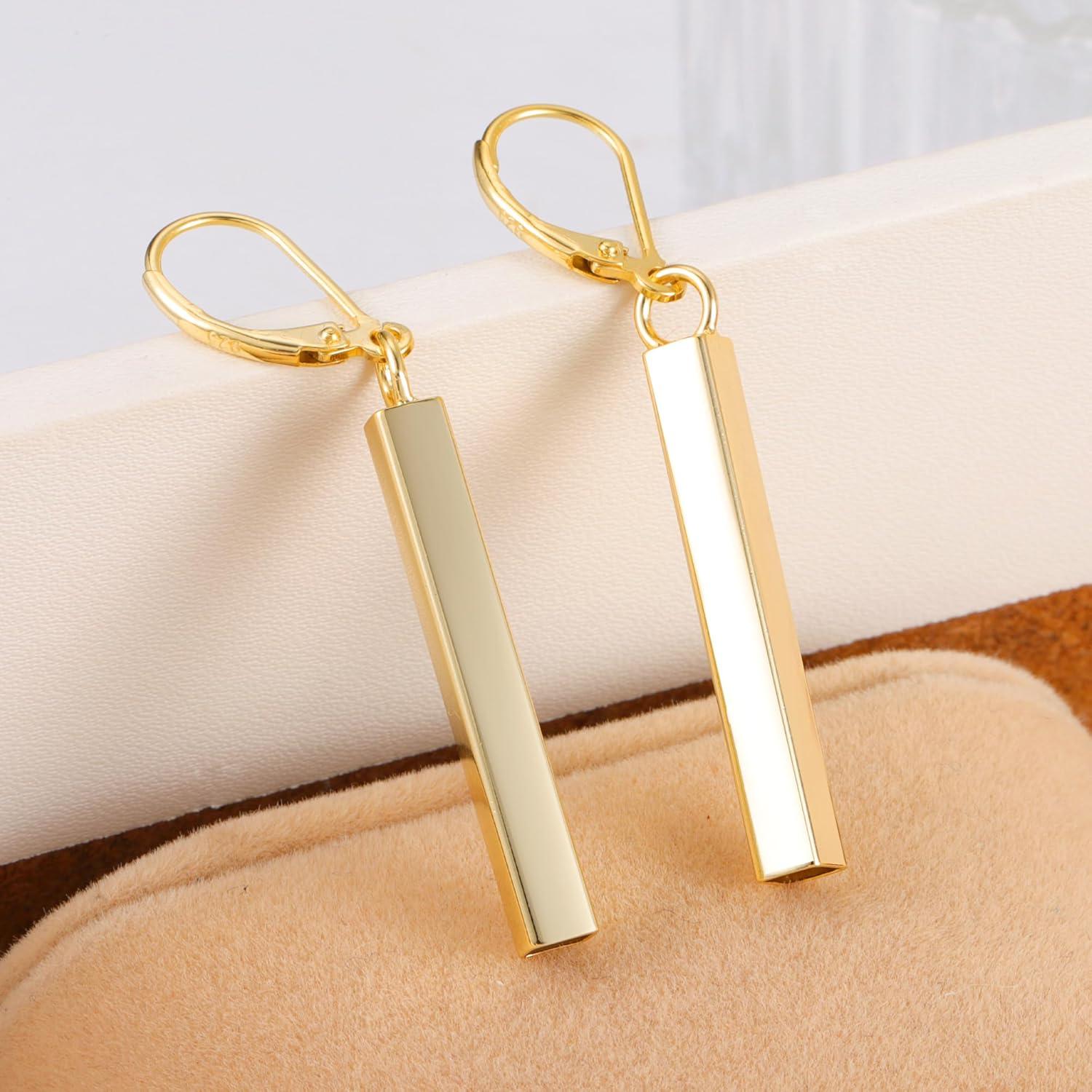 LANCHARMED 925 Sterling Silver Bar Dangle Drop Earrings for Women, 14K Gold French Style Leverback Dangle Drop Earrings, Hypoallergenic Jewelry(14K Gold)