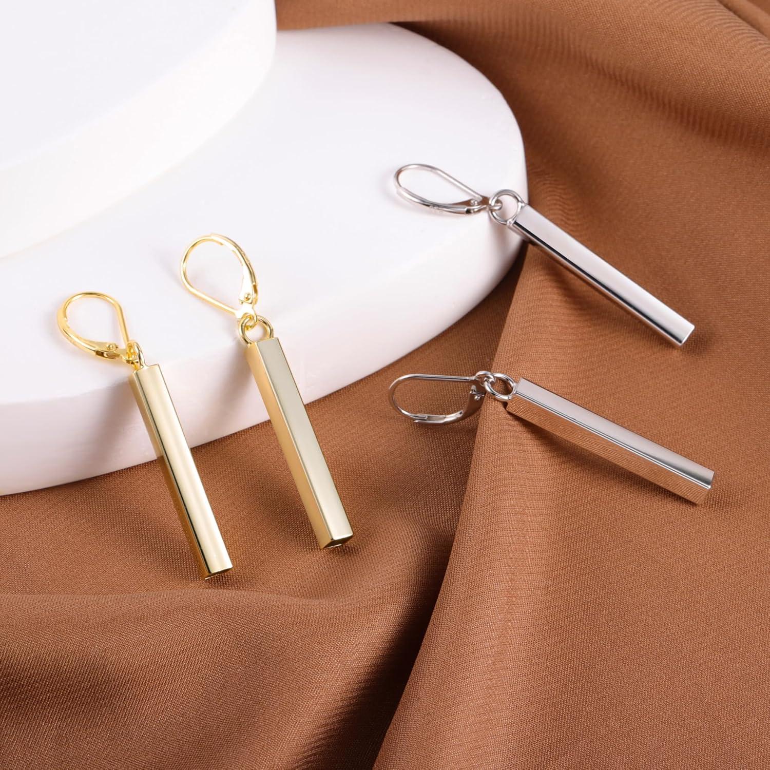 LANCHARMED 925 Sterling Silver Bar Dangle Drop Earrings for Women, 14K Gold French Style Leverback Dangle Drop Earrings, Hypoallergenic Jewelry(14K Gold)