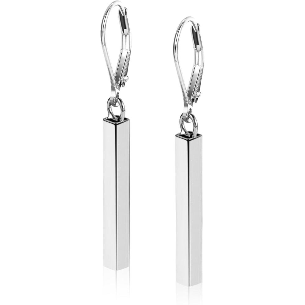 LANCHARMED 925 Sterling Silver Bar Dangle Drop Earrings for Women, 14K Gold French Style Leverback Dangle Drop Earrings, Hypoallergenic Jewelry(Silver)
