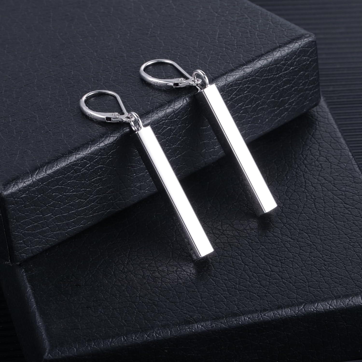 LANCHARMED 925 Sterling Silver Bar Dangle Drop Earrings for Women, 14K Gold French Style Leverback Dangle Drop Earrings, Hypoallergenic Jewelry(Silver)