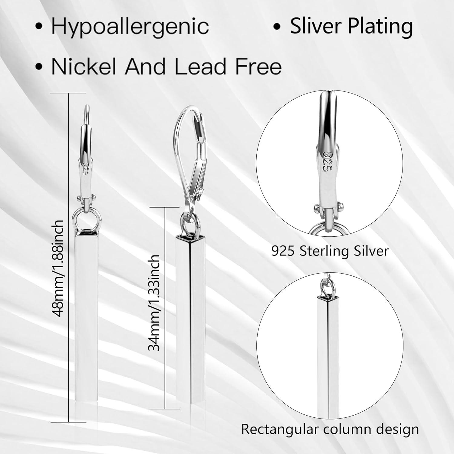 LANCHARMED 925 Sterling Silver Bar Dangle Drop Earrings for Women, 14K Gold French Style Leverback Dangle Drop Earrings, Hypoallergenic Jewelry(Silver)