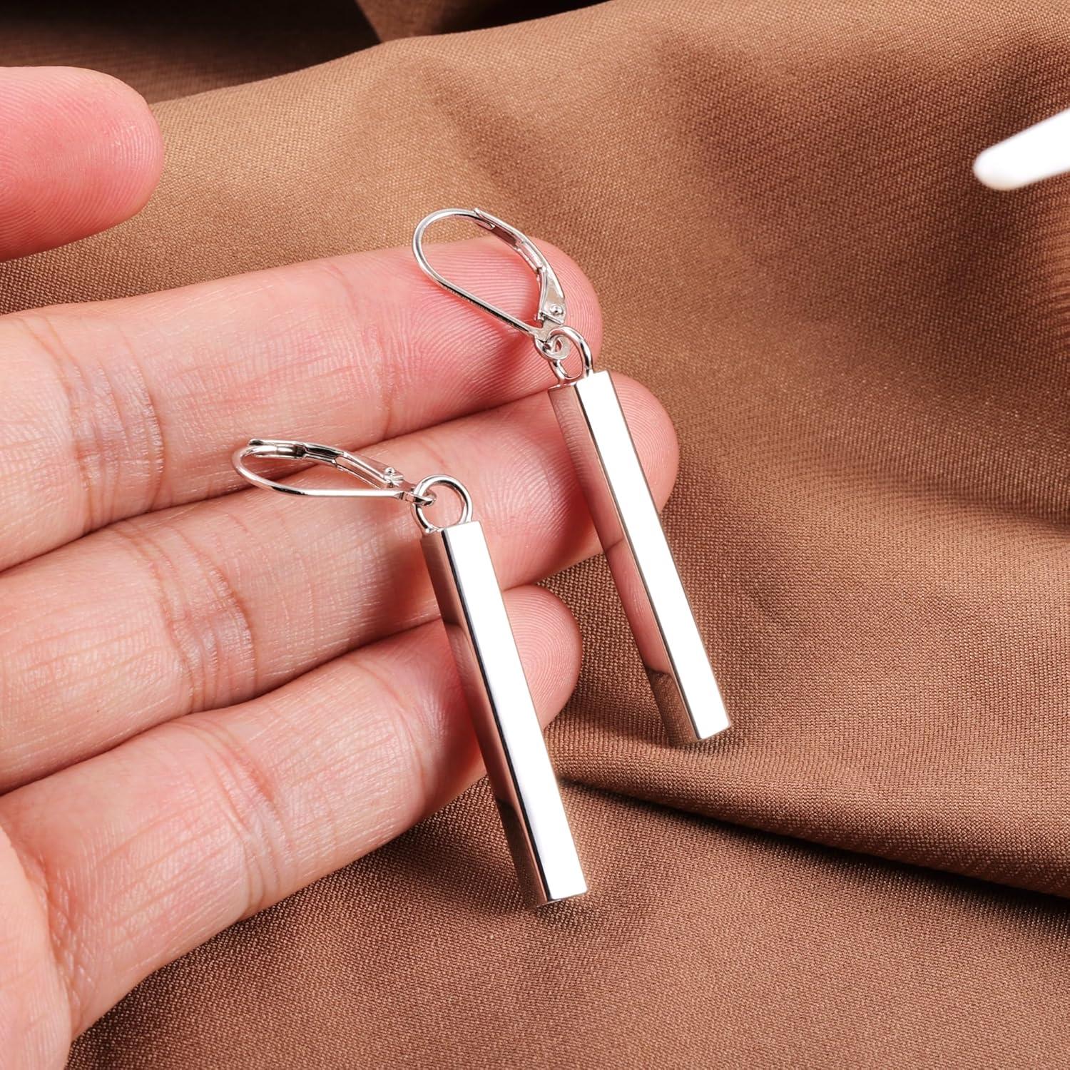LANCHARMED 925 Sterling Silver Bar Dangle Drop Earrings for Women, 14K Gold French Style Leverback Dangle Drop Earrings, Hypoallergenic Jewelry(Silver)