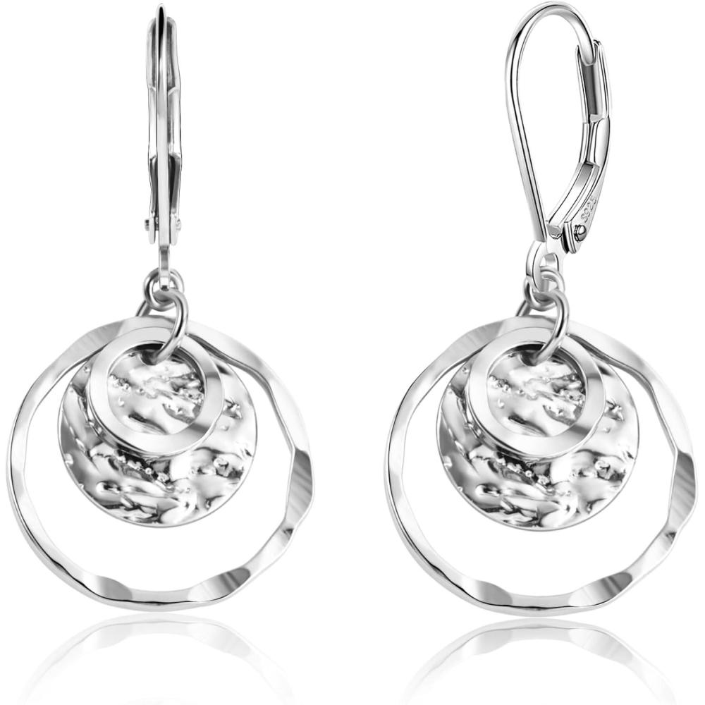 Sterling Silver Disc Leverback Earrings for Women Gold and Silver Circle Drop Dangle Earrings Jewelry Hypoallergenic Hammered Leverback Dangle Earrings for Gifts(Silver)