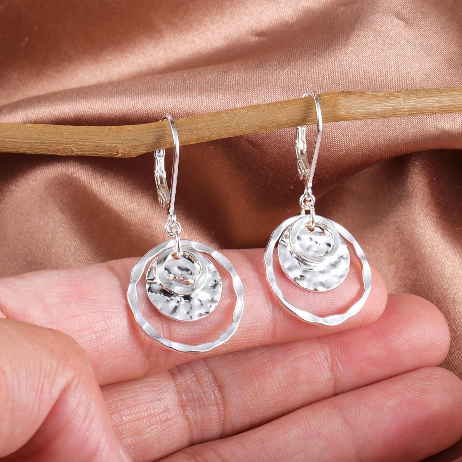 Sterling Silver Disc Leverback Earrings for Women Gold and Silver Circle Drop Dangle Earrings Jewelry Hypoallergenic Hammered Leverback Dangle Earrings for Gifts(Silver)