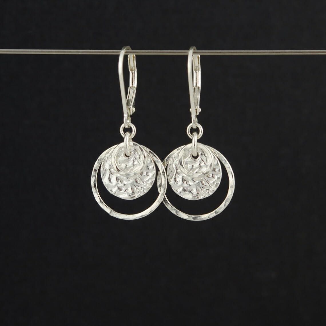 Sterling Silver Disc Leverback Earrings for Women Gold and Silver Circle Drop Dangle Earrings Jewelry Hypoallergenic Hammered Leverback Dangle Earrings for Gifts(Silver)