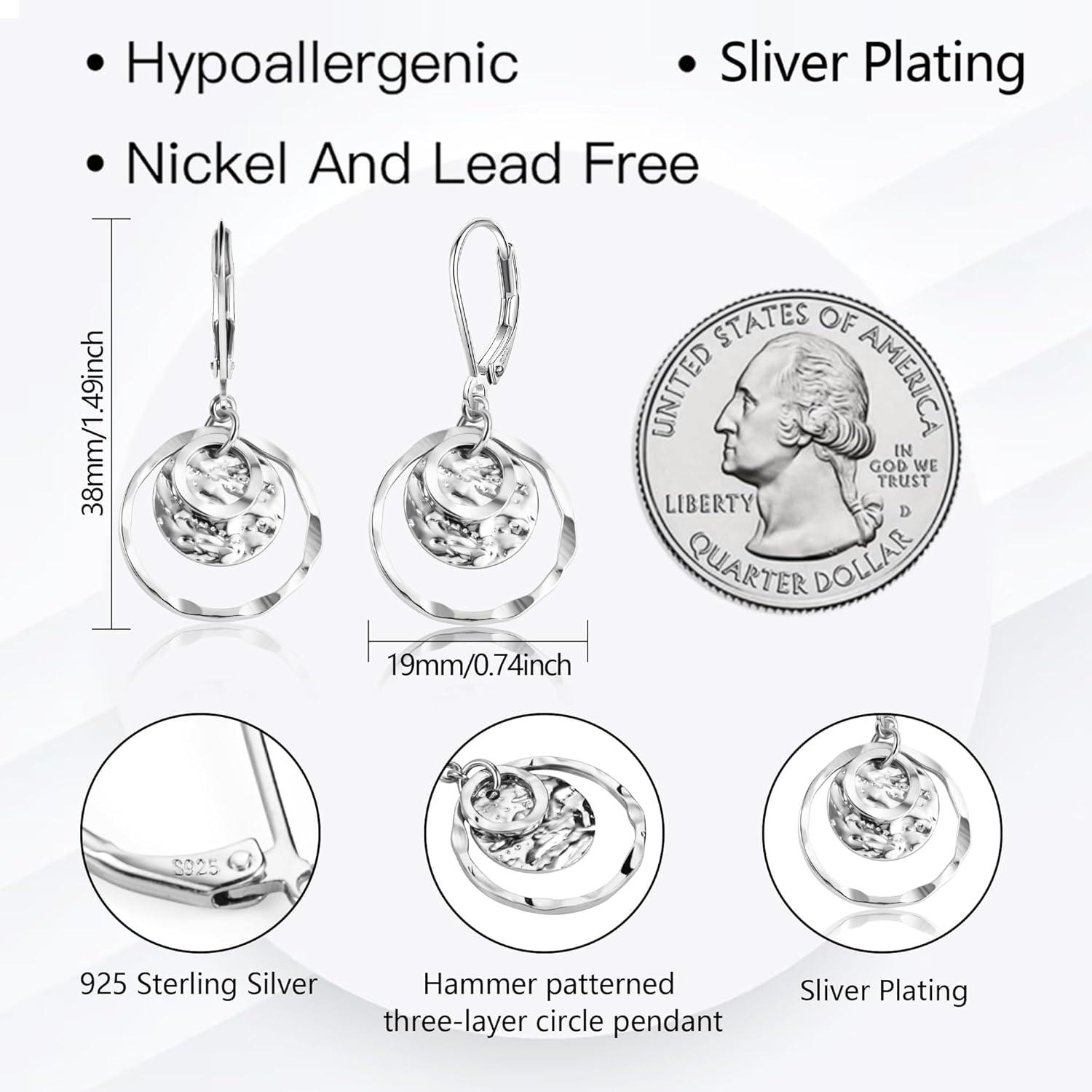 Sterling Silver Disc Leverback Earrings for Women Gold and Silver Circle Drop Dangle Earrings Jewelry Hypoallergenic Hammered Leverback Dangle Earrings for Gifts(Silver)