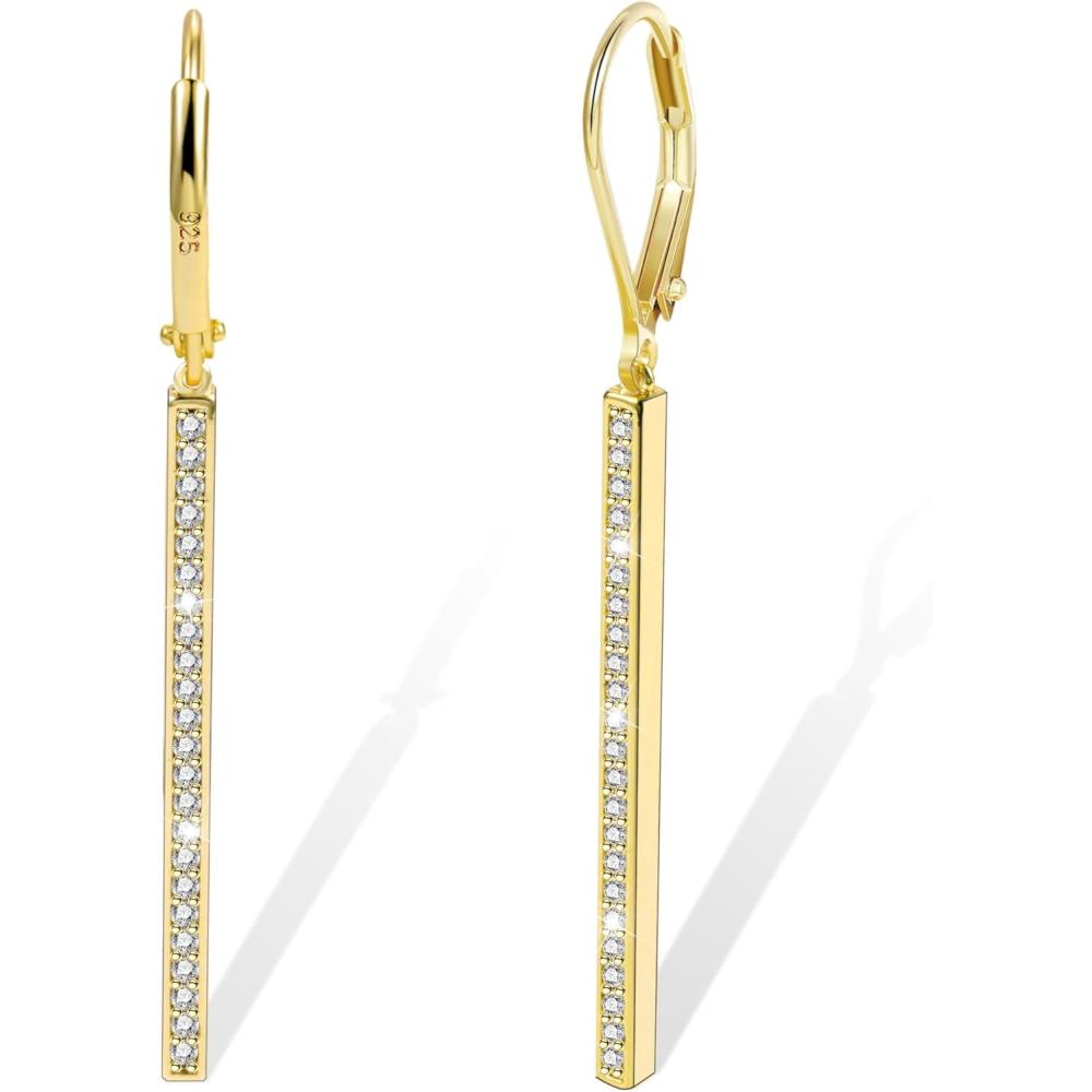 LANCHARMED 925 Sterling Silver Bar Dangle Drop Earrings for Women, 14K Gold French Style Leverback Dangle Drop Earrings, Hypoallergenic Jewelry(CZ 14K Gold)