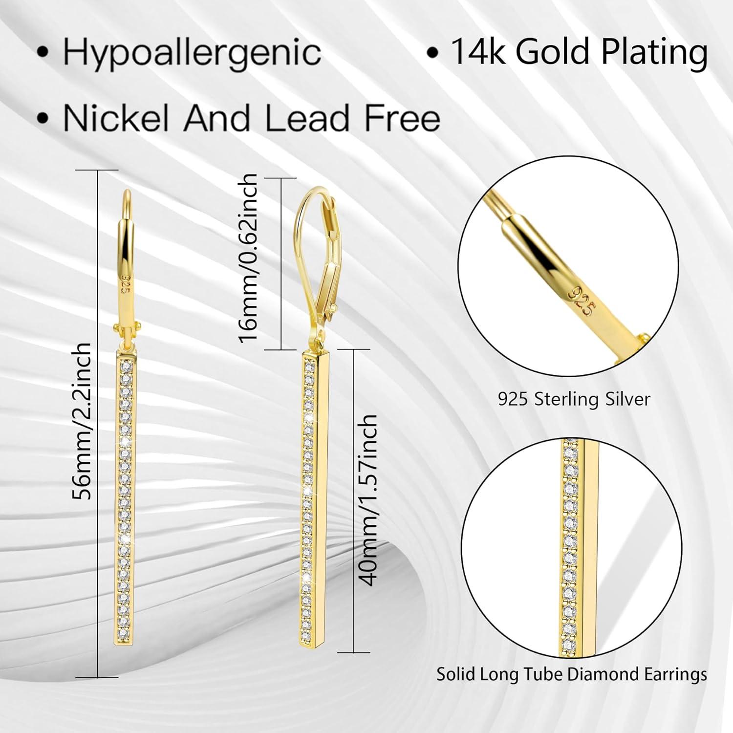 LANCHARMED 925 Sterling Silver Bar Dangle Drop Earrings for Women, 14K Gold French Style Leverback Dangle Drop Earrings, Hypoallergenic Jewelry(CZ 14K Gold)