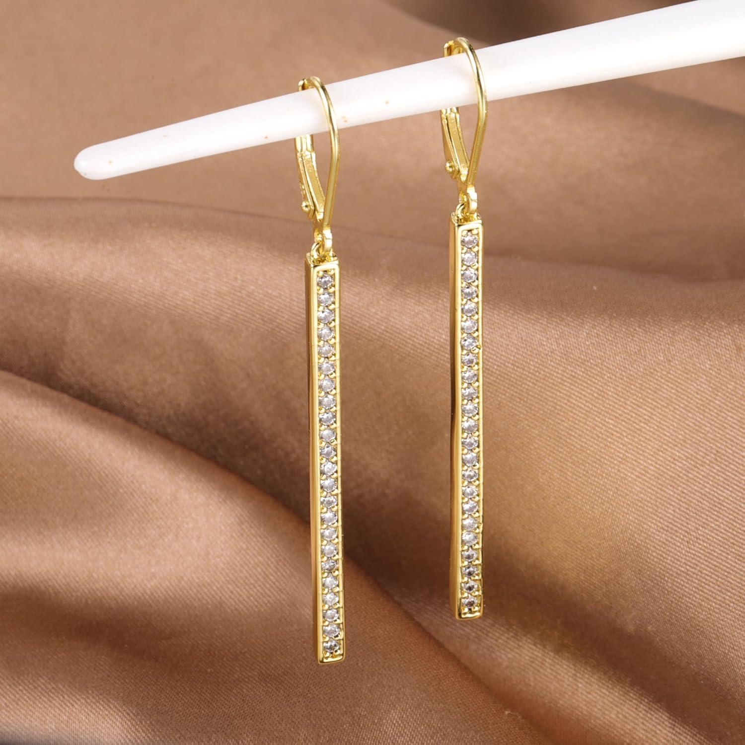 LANCHARMED 925 Sterling Silver Bar Dangle Drop Earrings for Women, 14K Gold French Style Leverback Dangle Drop Earrings, Hypoallergenic Jewelry(CZ 14K Gold)
