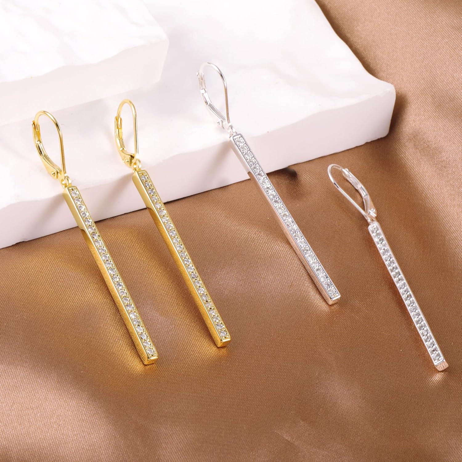 LANCHARMED 925 Sterling Silver Bar Dangle Drop Earrings for Women, 14K Gold French Style Leverback Dangle Drop Earrings, Hypoallergenic Jewelry(CZ 14K Gold)
