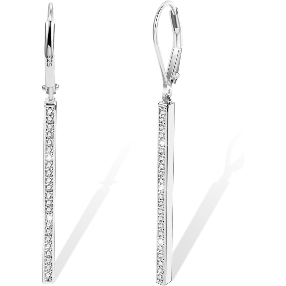 LANCHARMED 925 Sterling Silver Bar Dangle Drop Earrings for Women, 14K Gold French Style Leverback Dangle Drop Earrings, Hypoallergenic Jewelry(CZ Silver)