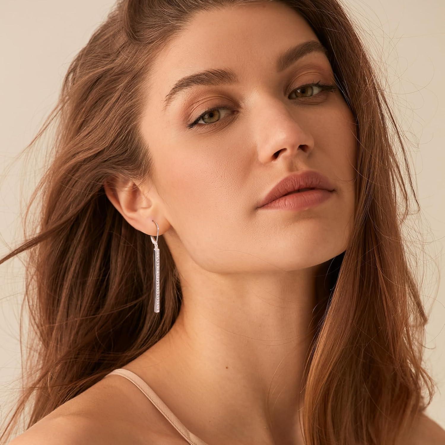 LANCHARMED 925 Sterling Silver Bar Dangle Drop Earrings for Women, 14K Gold French Style Leverback Dangle Drop Earrings, Hypoallergenic Jewelry(CZ Silver)