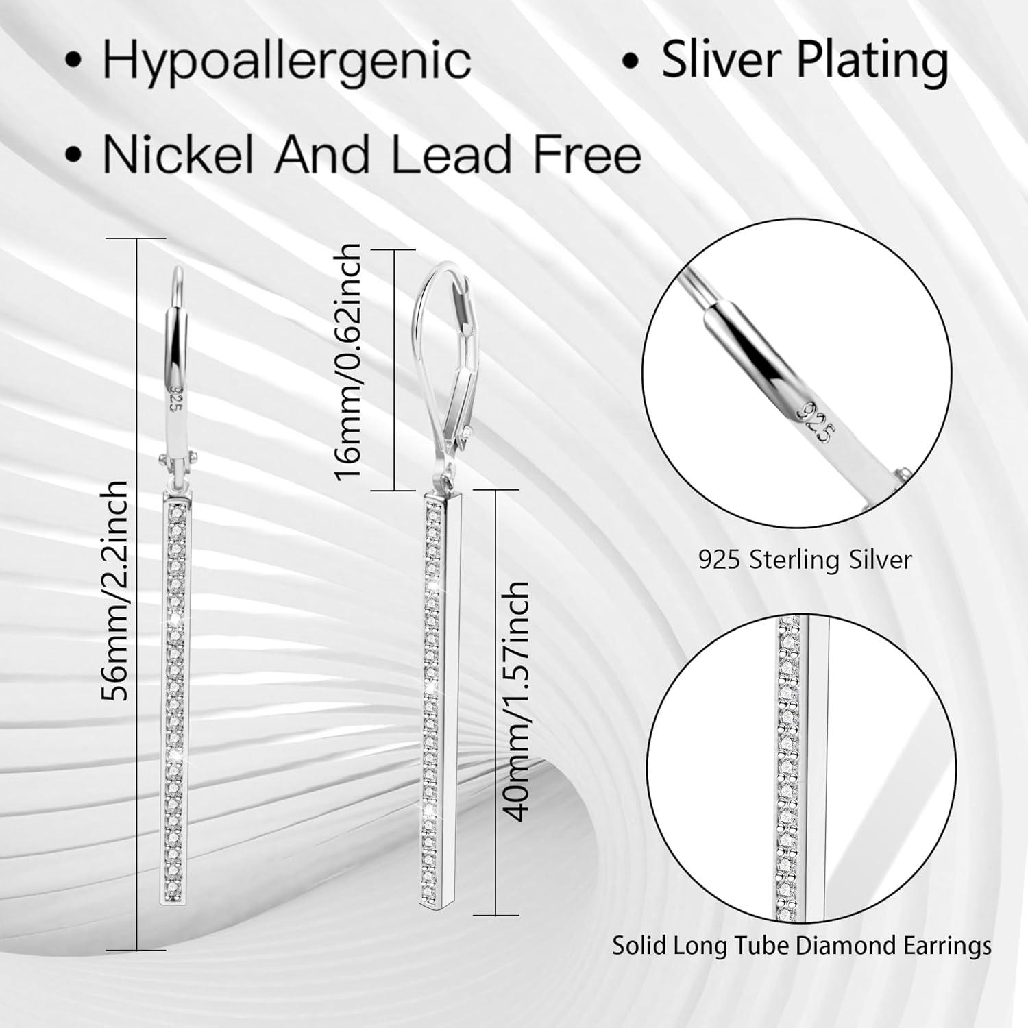 LANCHARMED 925 Sterling Silver Bar Dangle Drop Earrings for Women, 14K Gold French Style Leverback Dangle Drop Earrings, Hypoallergenic Jewelry(CZ Silver)